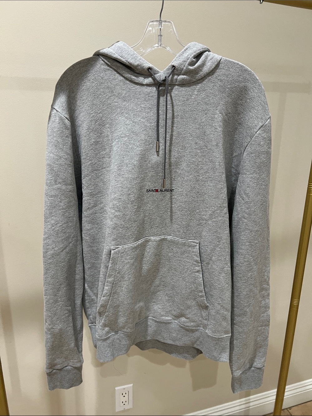 Pro-Owned Men Saint Laurent Light Gray Pullover Hoodie with Subtle Logo—M